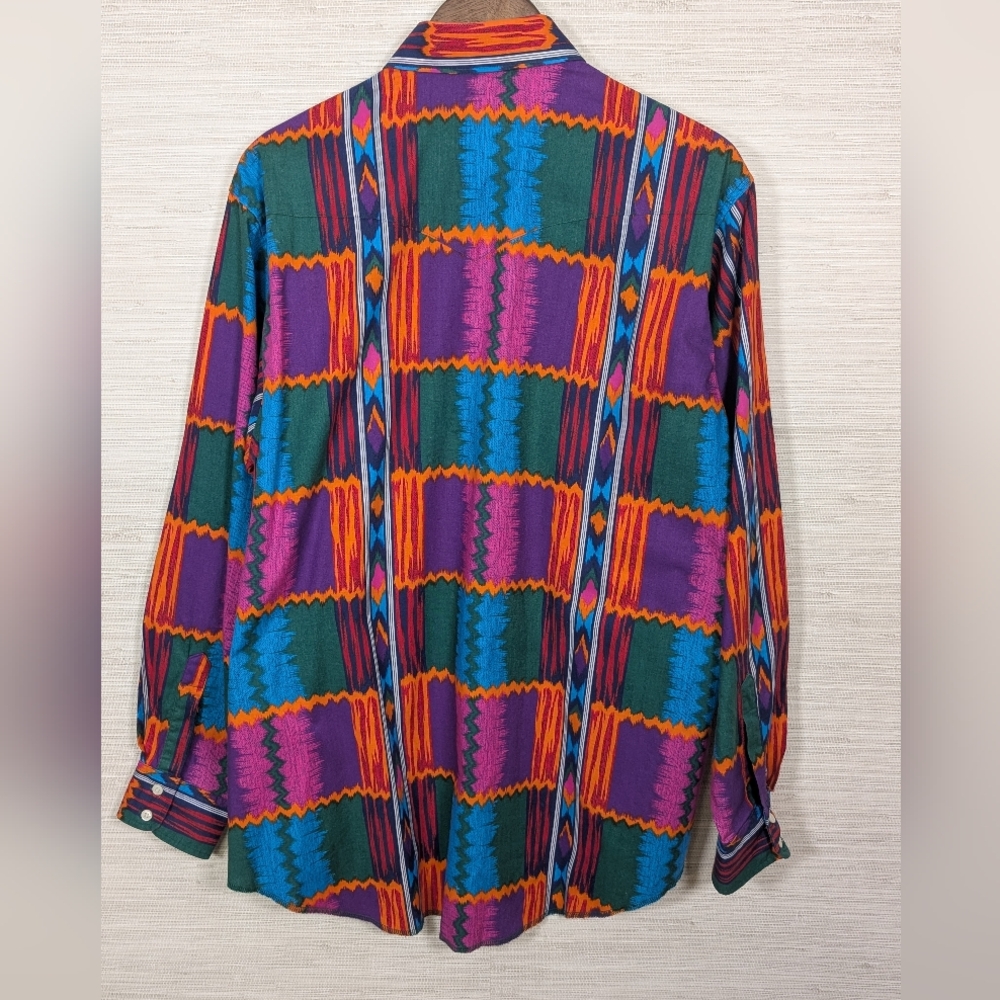 Mens Vintage Wrangler Cowboy 17-35 Neon Aztec Pattern Button Up Shirt XL - Picture 2 of 10